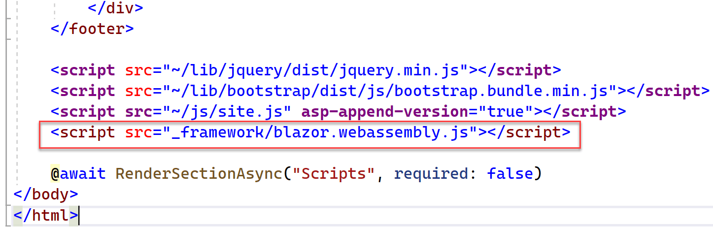 A portion of the code window for _Layout.cshtml displays with the aforementioned code highlighted.