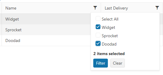 The filter menu is now just a list of values drawn from the column with a checkbox by each. Two of the values have been checked off. At the bottom of the list there is text that says “2 items selected” and a Filter button.