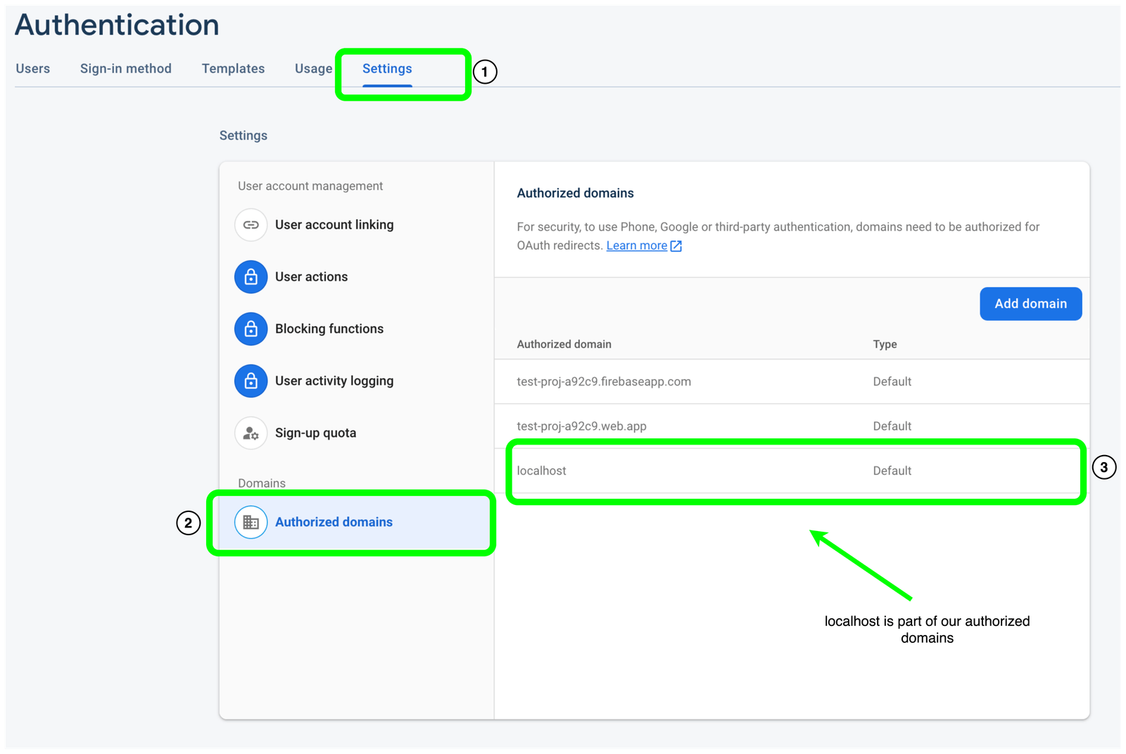 1 Select settings on the top. 2 Choose Authorized domains on the left. 3 Localhost.