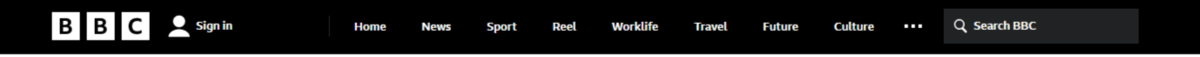 The header of the BBC website contains the organization’s logo, a sign in button, navigation links, a settings icon (three horizontal white dots), and a “Search BBC” button.
