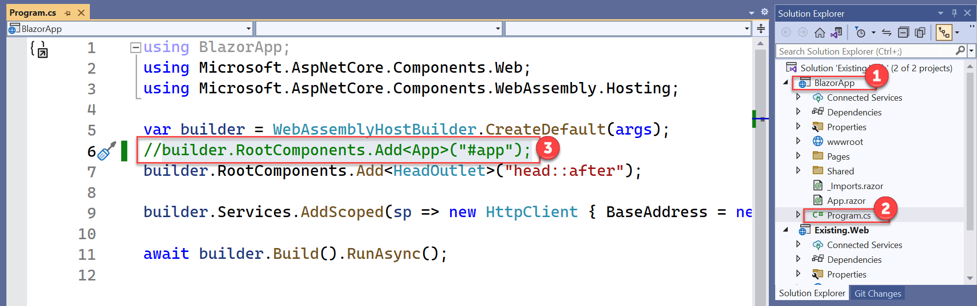 Visual Studio 2022 显示，其中展开了 BlazorApp 项目并选择了 Program.cs 代码文件。 在代码编辑器窗口中，上面提到的代码行被注释掉了。