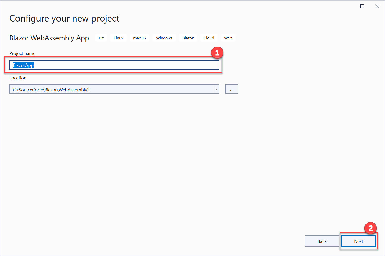 The Configure your new project dialog displays with BlazorApp entered for the project name. The Next button is highlighted.