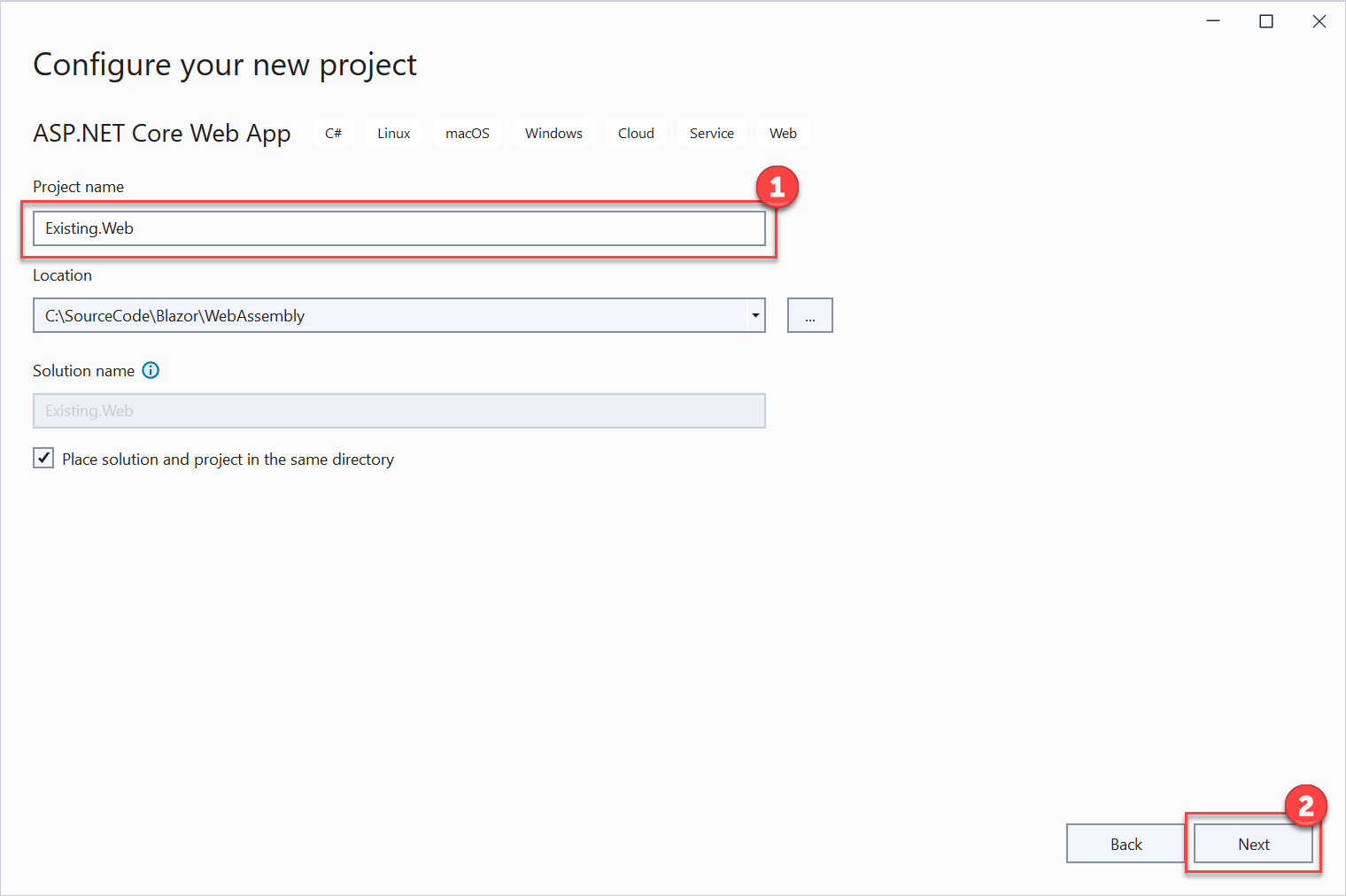 The Configure your new project dialog displays with the project name set to Existing.Web and the next button is selected.