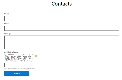 The contacts page has fields for name, email, message, captcha, and a submit button