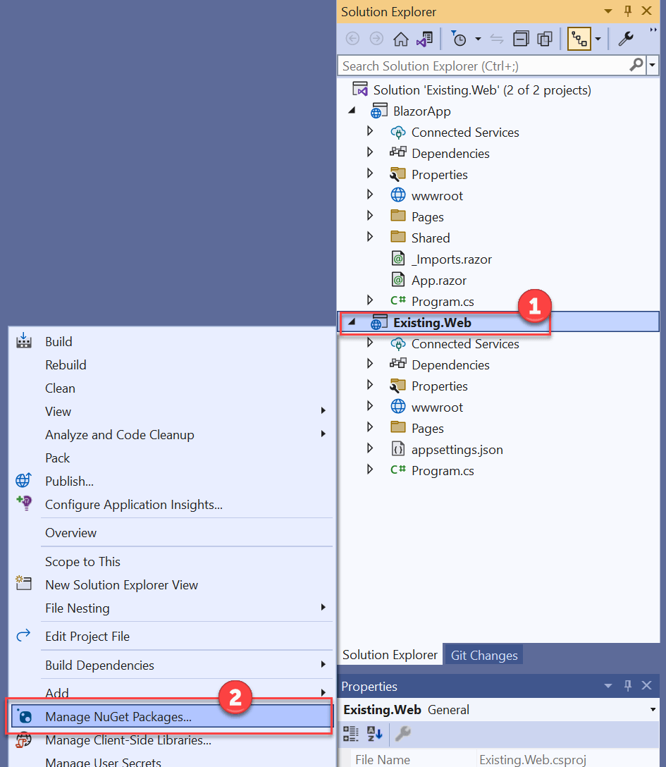 The Solution Explorer panel displays with the context menu expanded and the Manage NuGet Packages item highlighted.