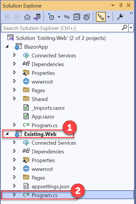 The Solution Explorer panel displays with the Existing.Web project expanded and the Program.cs file selected.