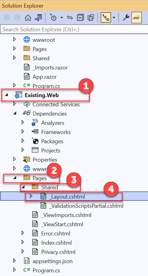 На панели обозревателя решений отображается развернутый проект Existing.Web вместе с папками Pages и Shared.  Файл _Layout.cshtml выделен.