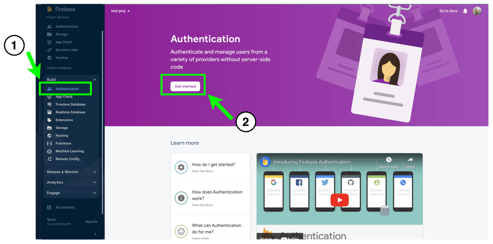 1 Authentication in left menu. 2 Get started.