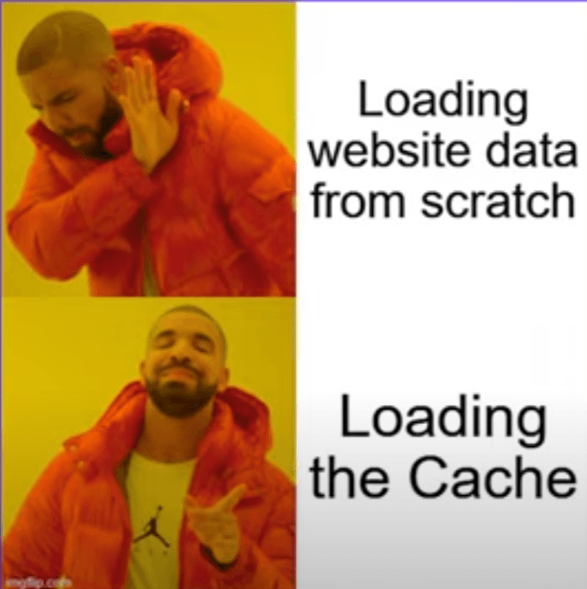 Meme with Drake resisting 'loading website data from scratch' and embracing 'loading the cache'