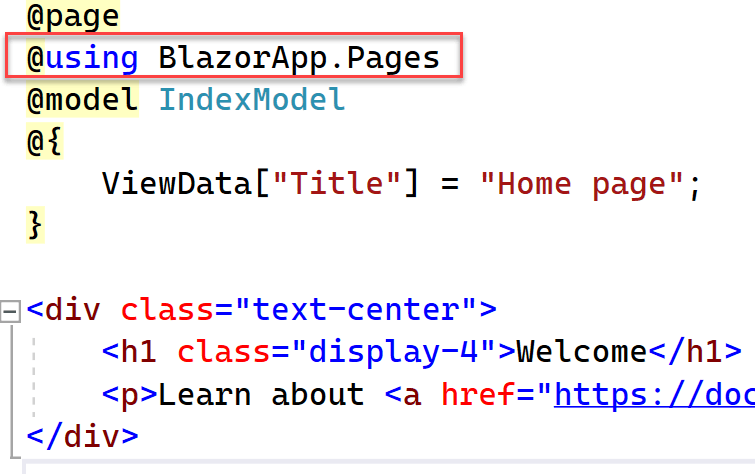 A portion of the code window for Index.cshtml displays with the above code highlighted.