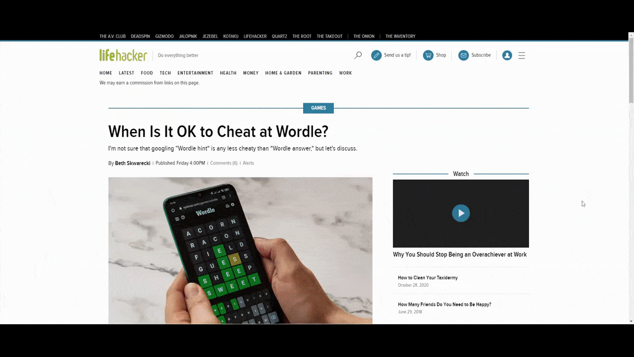 A GIF from the Lifehacker website shows a post called ‘When Is It Okay to Cheat at Wordle?’ When the user gets to the end of the post, they seen an abbreviated comments section and the footer.