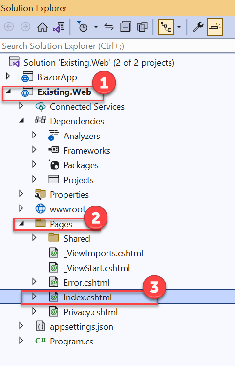 The Solution Explorer panel displays with the Existing.Web project expanded along with the Pages folder. The Index.cshtml file is highlighted.