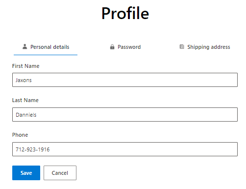 Profile page has tab with personal details open. It has fields for first name, last name and phone, and buttons for save and cancel. Other tabs include password and shipping address.
