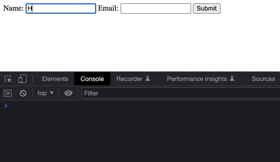 A form with fields for Name and Email has a user fill in Hassan and then his address. When he pushes submit, the console log shows the information in a plain string