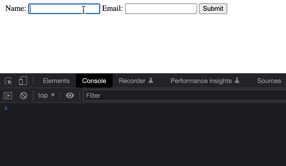 Form with fields for Name and Email. User fill in Hassan and then his email address. When he pushes submit, the console log shows the information as usable values