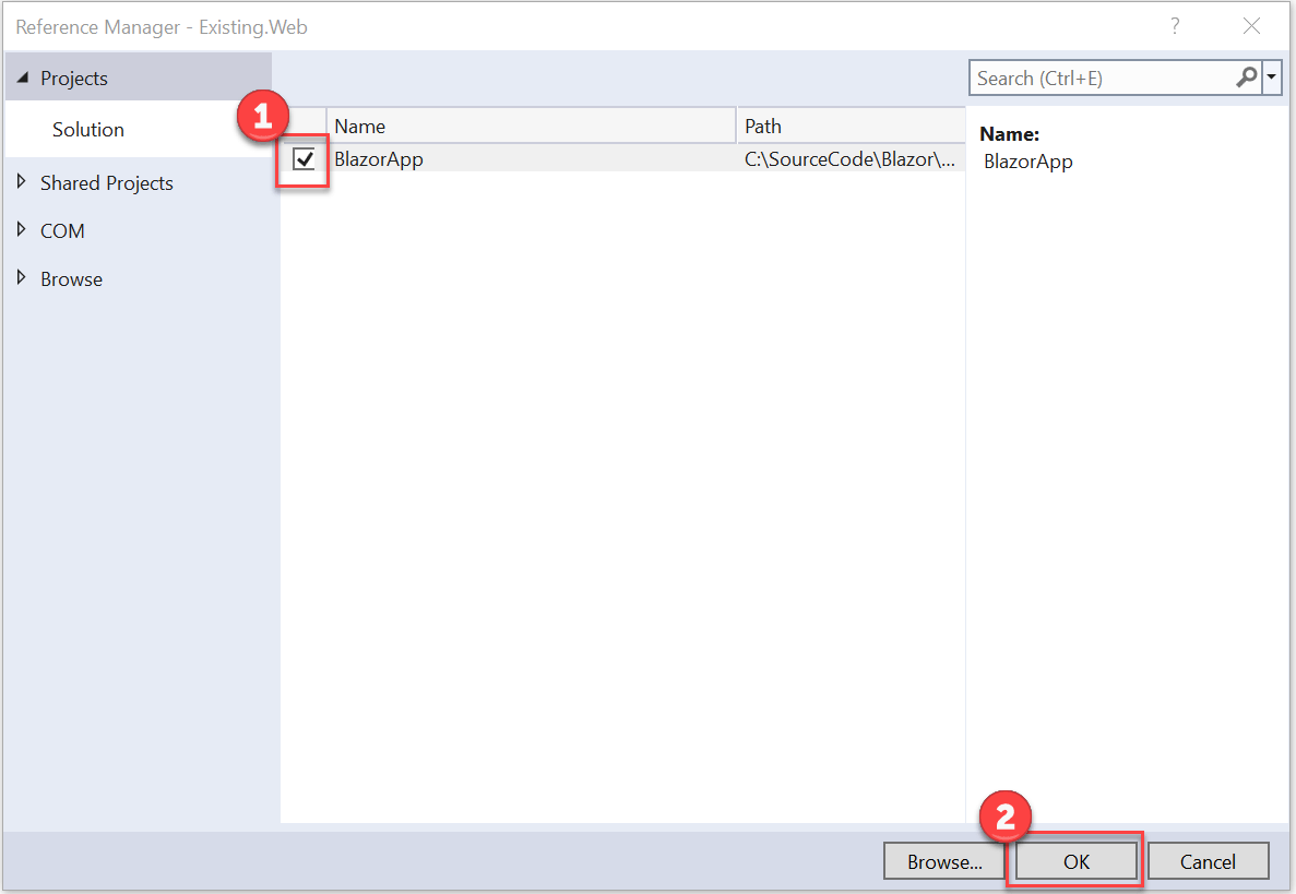 Reference Manager 对话框显示，BlazorApp 旁边有一个复选框，并且突出显示了 OK 按钮。
