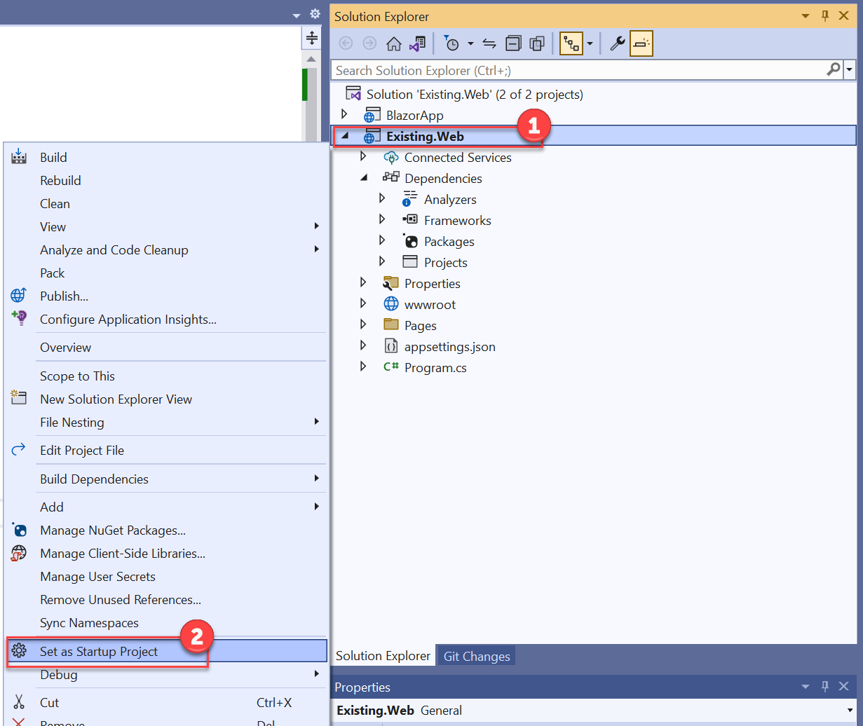 The Solution Explorer displays with the context menu expanded on the Existing.Web project. The Set as Startup Project item is highlighted.