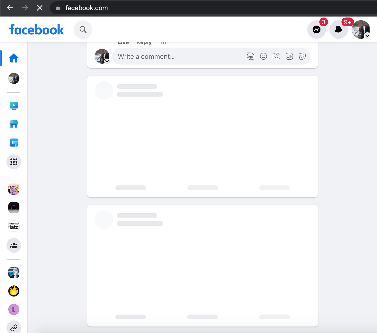 Facebook feed skeleton UI has white cards with gray bars to indicate  rough layout once loaded