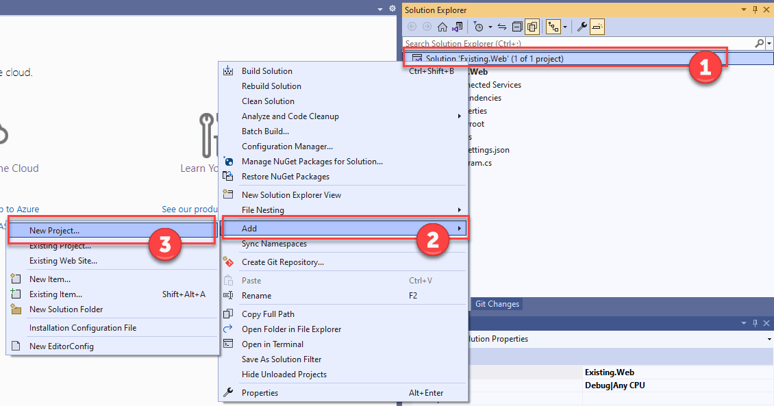 The context menu of the solution displays with the Add menu item expanded and the New Project item selected.