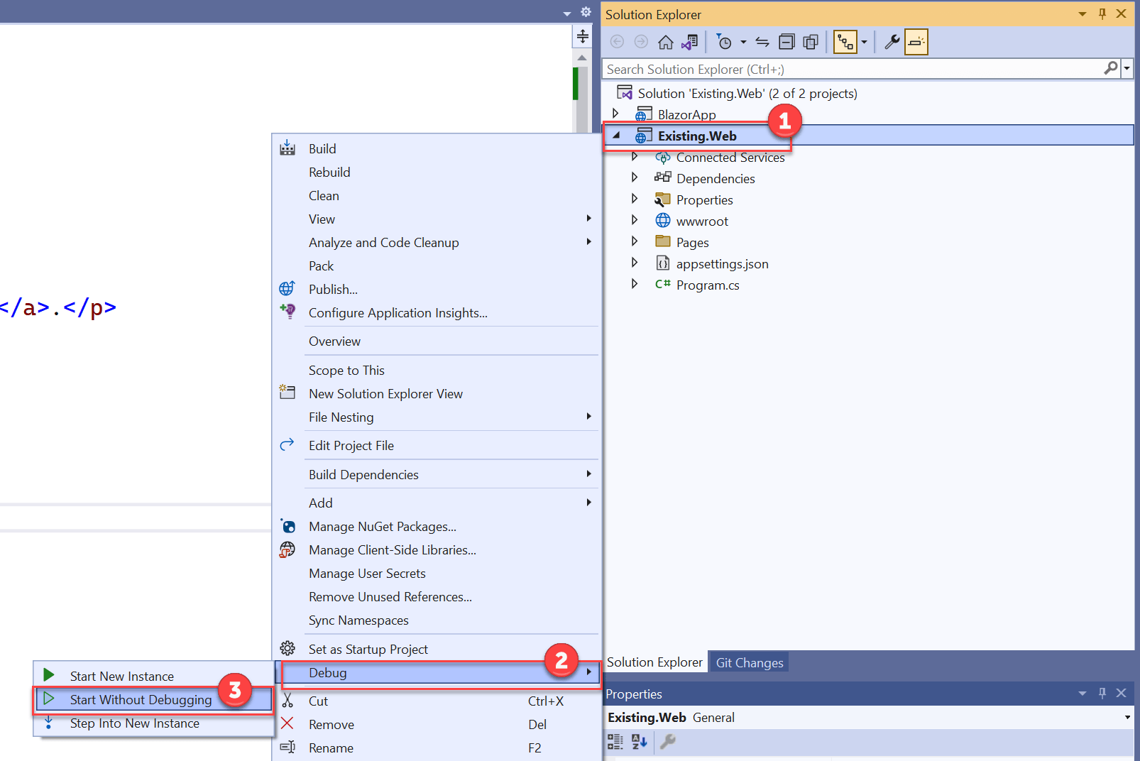 The context menu of the Existing.Web project displays with the Debug item expanded and the Start Without Debugging option selected.