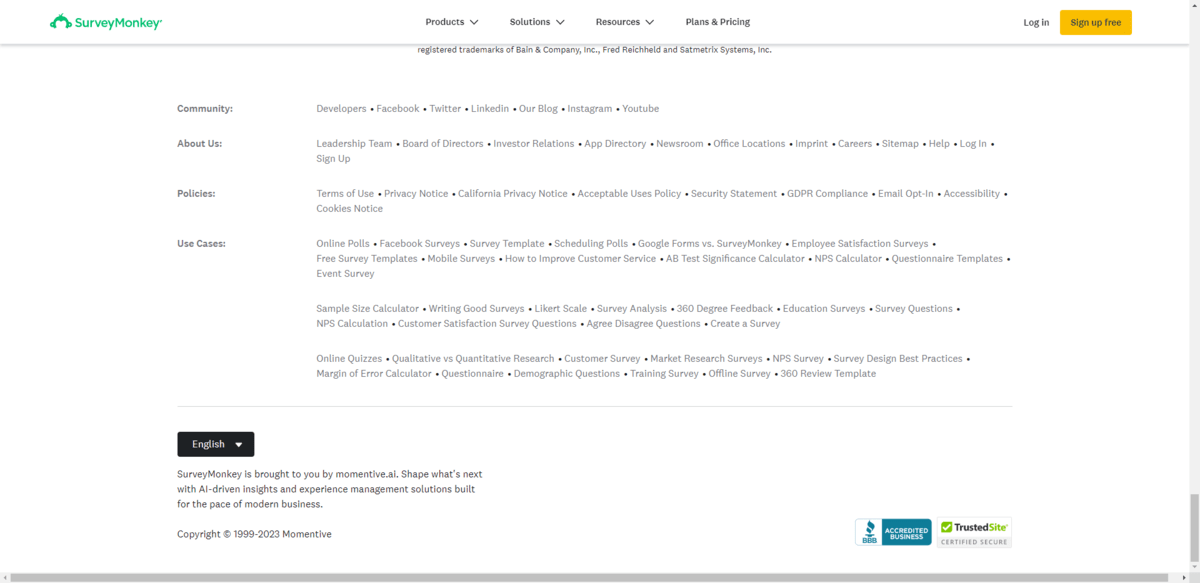 A snapshot of the footer on the SurveyMonkey website. There are links for Community, About Us, Policies, and Use Cases.