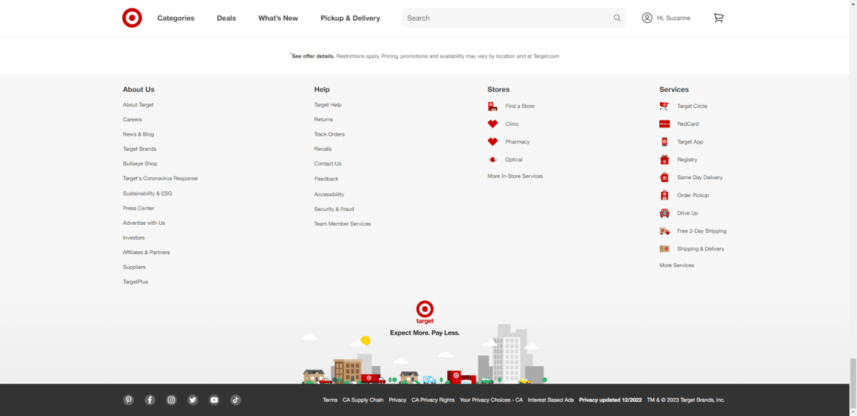 A snapshot of the footer on the Target website. There are headers for About Us, Help, Stores, and Services with corresponding page links underneath. Below the navigation links is the Target logo and tagline: “Expect More. Pay Less”. And the bottom bar contains social media links as well as information related to copyright, privacy, and terms.