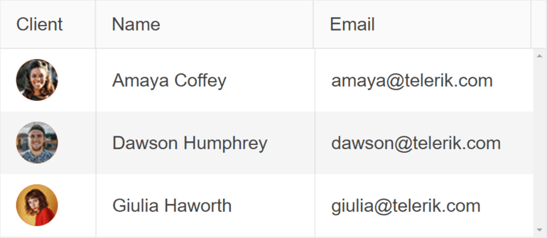 Client, Name, Email columns show three rows of entries in a standard table or grid layout