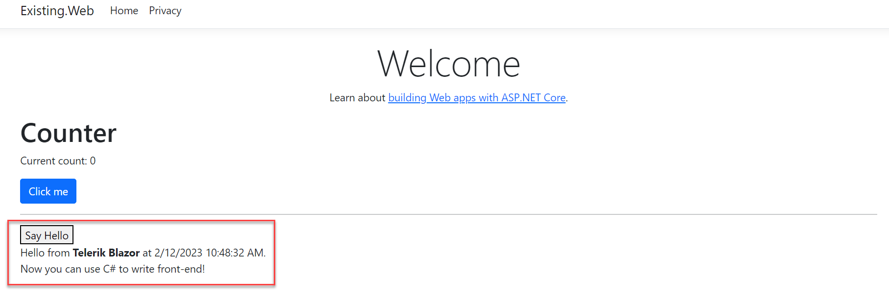 The Counter widget is displayed with the Telerik button component. The message displays Hello from Telerik Blazor with a timestamp and Now you can use C# to write front-end!