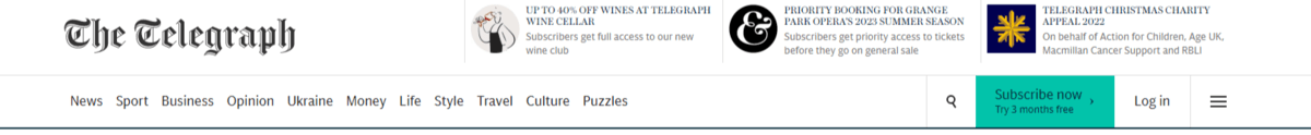 The header of The Telegraph website contains the organization’s logo. Beneath it is the list of navigation links, a small search icon, a green “Subscribe now - Try 3 months free” button, a Log In button, and a hamburger icon where more pages can be found.