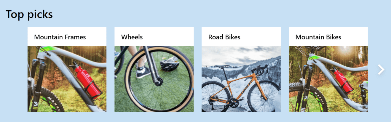 Top picks shows cards for mountain frames, wheels, road bikes, mountain bikes, and a right arrow indicating more
