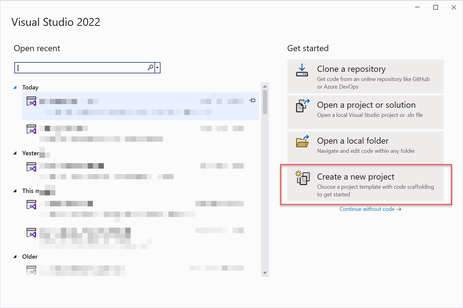 The Visual Studio 2022 dialog displays with the option to Create a new project highlighted.