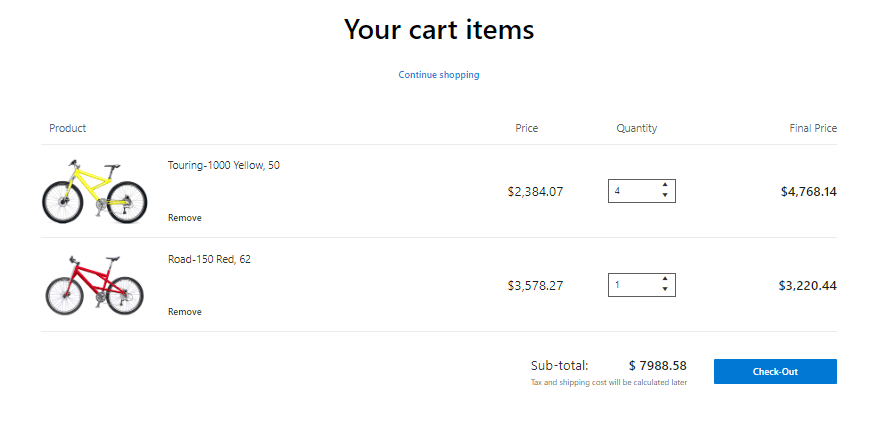 Your cart items shows two bikes, their prices, quantities, final prices, a subtotal and a checkout button
