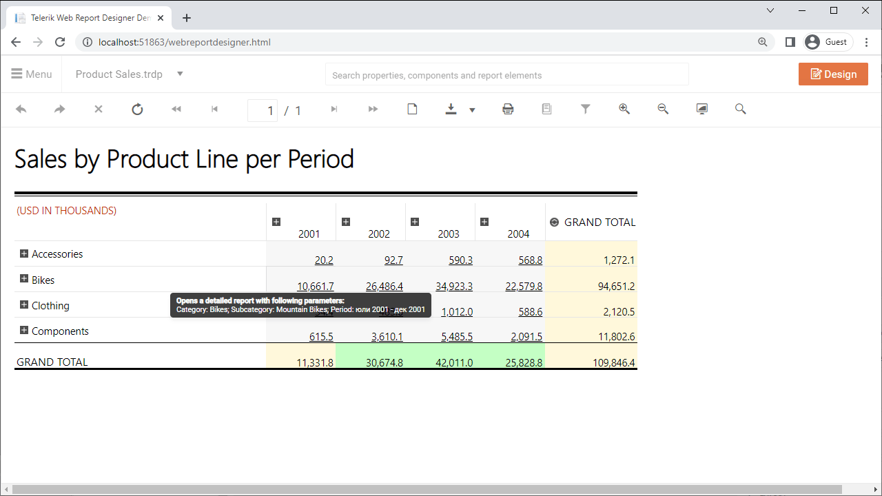 Report preview, and the mouse is hovering above textBoxFact, which shows a tooltip, explaining what the drill-down action would be: Opens a detailed report with following parameters..