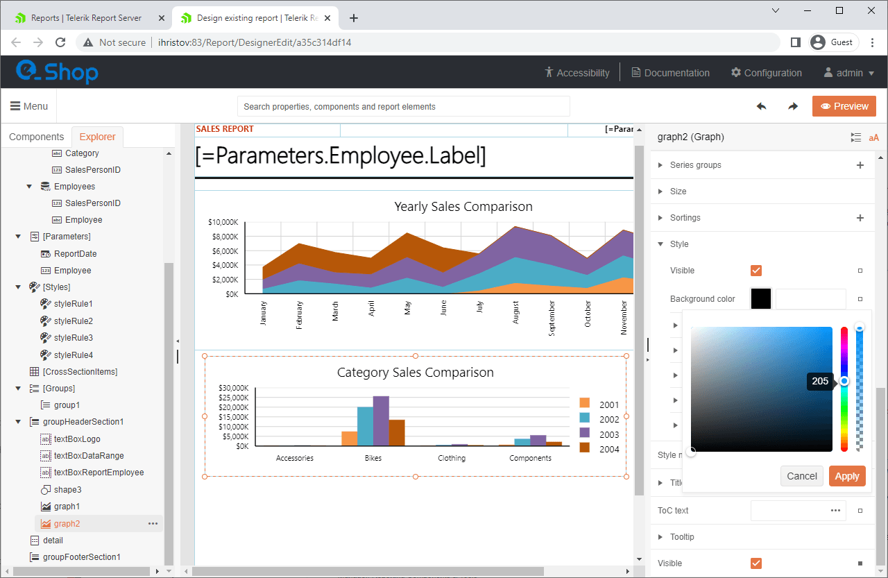 Report designer shows the process of stylizing of a report. The Graph item is selected on the design surface, and the Properties pane display the color picker widget. The area below the graph is empty, which suggests that the report is mostly completed, but still under construction.