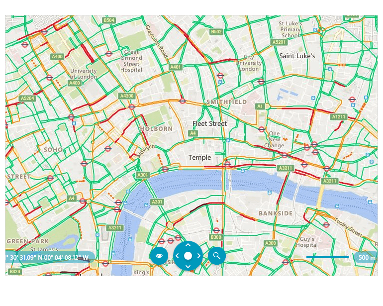 Map layer has green and red lines on roads, indicating traffic flow