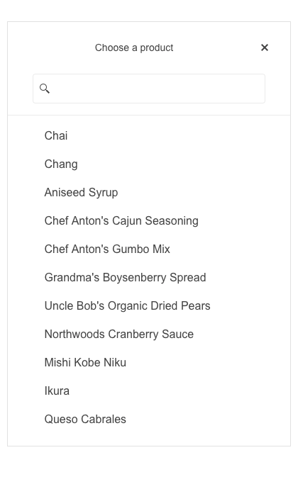 Choose a product has a list of products with a search box at the top