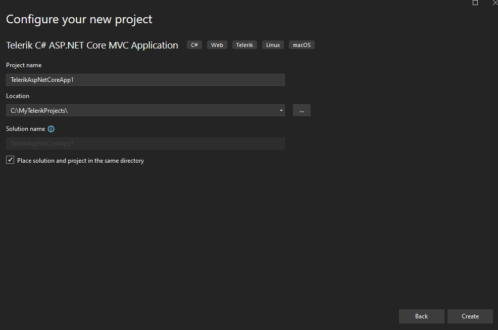 Configure your new project has spots for project name, location, solution name