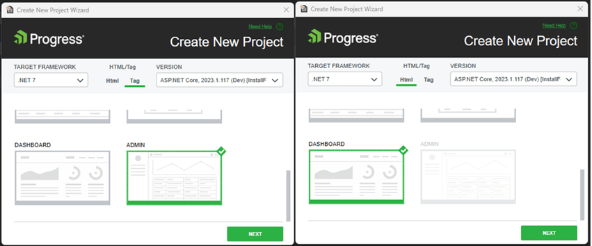 Create New Project has templates. User chooses Tag - Admin and Html - Dashboard