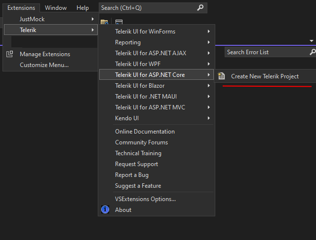 Extensions - Telerik - Telerik UI for ASP. NET Core - Create New Telerik Project