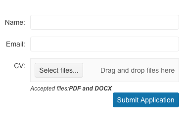 Fields for name, email and CV with button to select files. Then button to submit application.