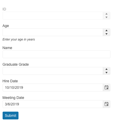 Fields for id, age, name, graduate grade, hire date, meeting date, and a submit button