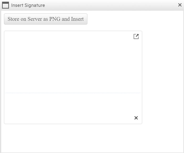 Insert signature window with space for signing and a button to store on server and insert