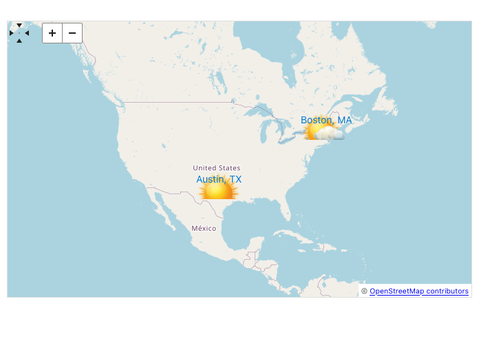 Map of the U.S. with a weather icon for partly cloudy in Boston, MA, and sunny in Austin, Tx