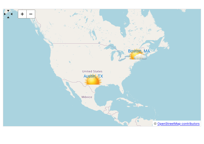 The Map has custom pins showing weather in Boston and Austin