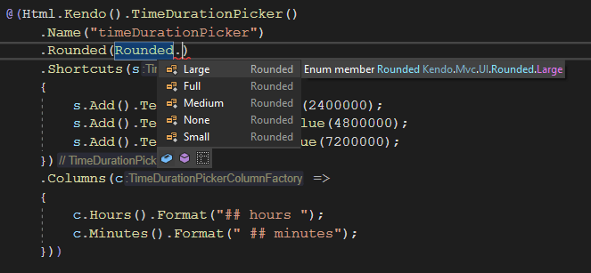 Rounded shows options for Large, Full, Medium, None, Small