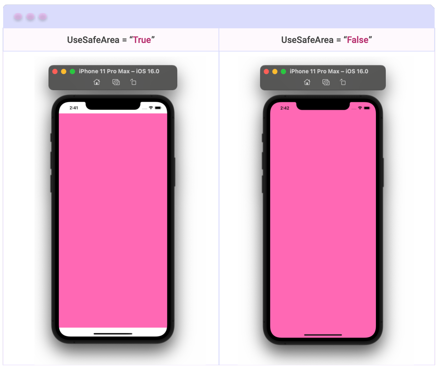 Two iPhone layouts. One has UseSafeArea set to true, and the very top and bottom margins of the phone show gray instead of pink. The other has UseSafeArea set to false and the pink extends the entire area of the display
