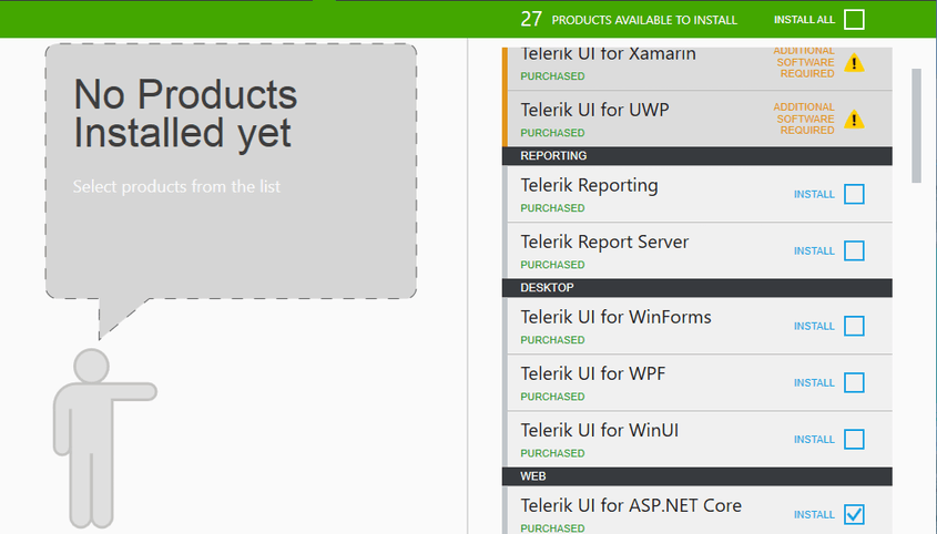 Screenshot showing 27 products available to install - select from the list