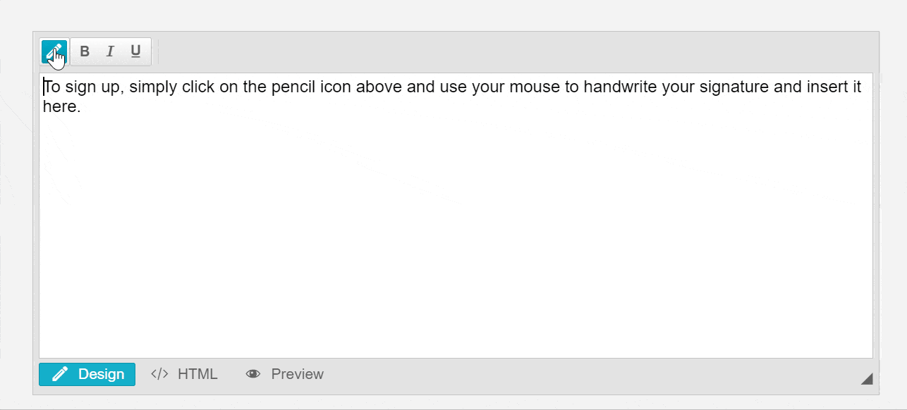 User clicks the pencil icon on the signature spot to sign. This opens an insert signature window that the user draws on, and then presses the store on server as PNG and insert button. Then the signature is inserted in place and can be adjusted for scale.