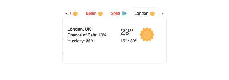 Weather app with tabs for different locations can scroll left or right
