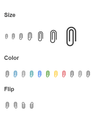 Paperclip icon in varies sizes, colors, and flips